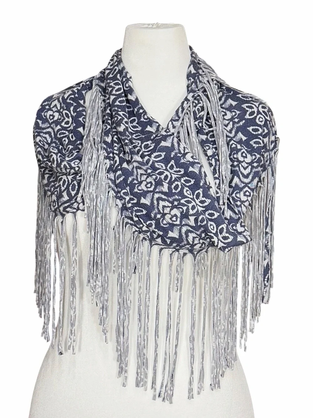 Chan Luu Blue & White Fringed Floral Wrap